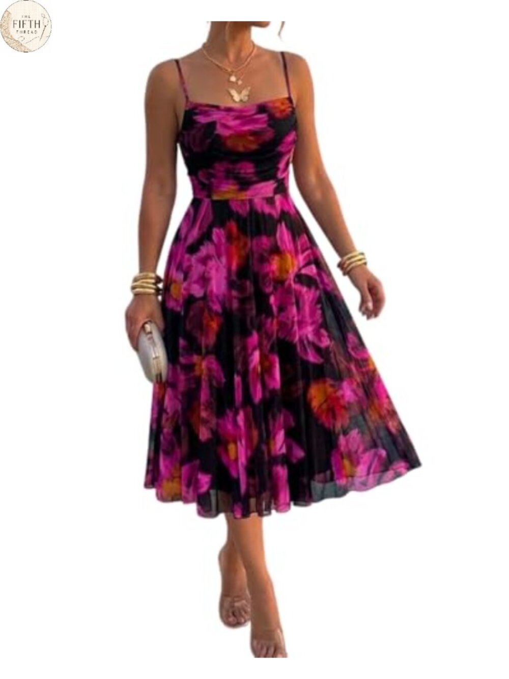 Floral Mesh Midi Dress Cowl Neck A-Line Sleeveless Wedding Guest